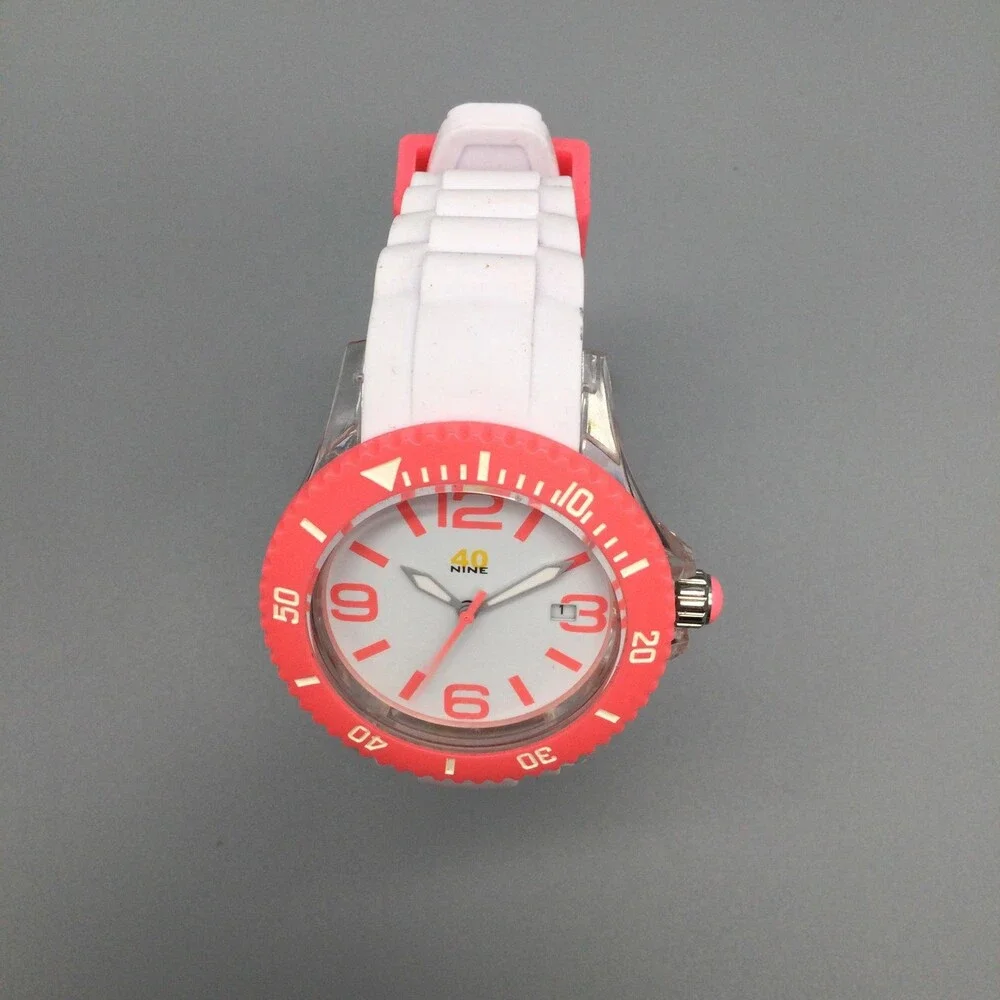 40nine Womens Watch 40mm Pink Case White Silicone Strap Date Quartz 50m